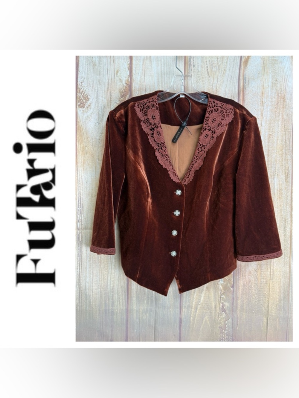 💵Futario Vintage-Inspired Brown Velvet Button Front Jacket Size 2XL